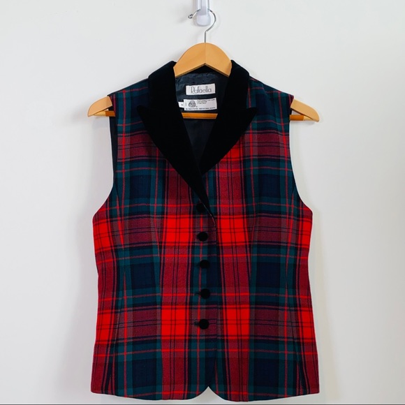 Vintage Red Tartan Plaid Vest with Velvet Lapel Size 8 - Picture 1 of 9